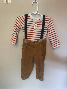Cat & Jack Orange Striped Henley Top with Brown Suspender Pants